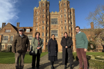 Priti outside the historic Layer Marney Tower with Nicholas Charrington, and local farmers Jimmy, Katie & Angela Strathern